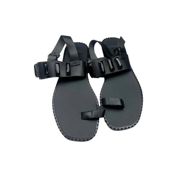 Tomas Maier Black Jewel Sandal Toe Loop Ring Gladiator Flat Boho Size 8 - Picture 6 of 13